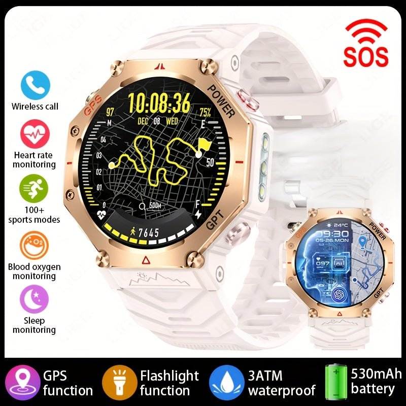 Men's Smartwatch - 1.39inch full touch HD Display, come with long range flashligh & GPS function, 530mAh large battery capacity, Wireless Calls/dial, compass, Music Control, massive sports modes, Zinc Alloy Case, Silicone and