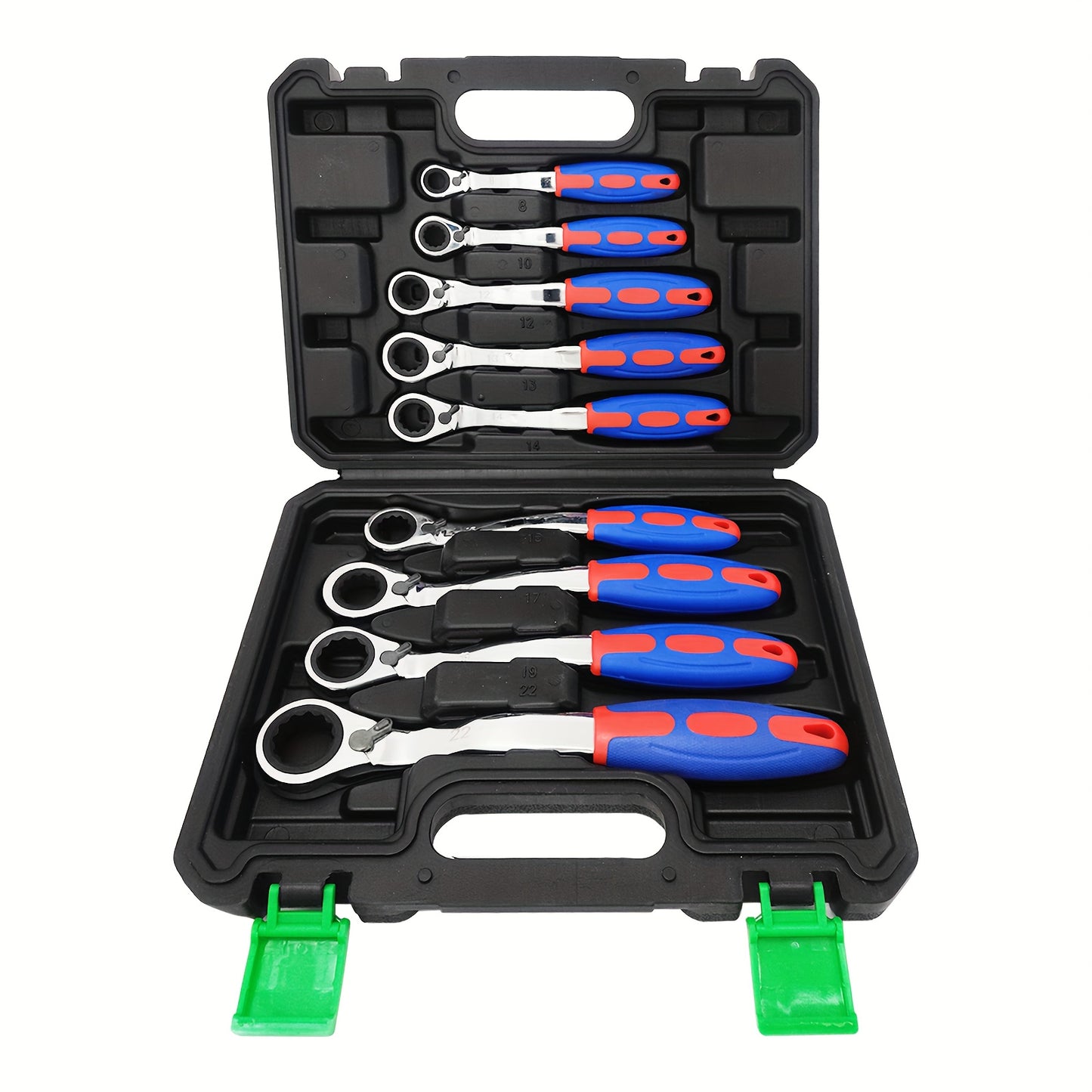 [Ratcheting Wrench Set] 9pcs 72-Tooth Reversible Soft Grip Ratcheting Wrench Set | Combination Wrench Set, Offset Box Wrench with Organizer Box, 8-22mm, Metric, 15-Degree, Cr-V Steel for Automobile, Car, Motorcycle, Bicycle,