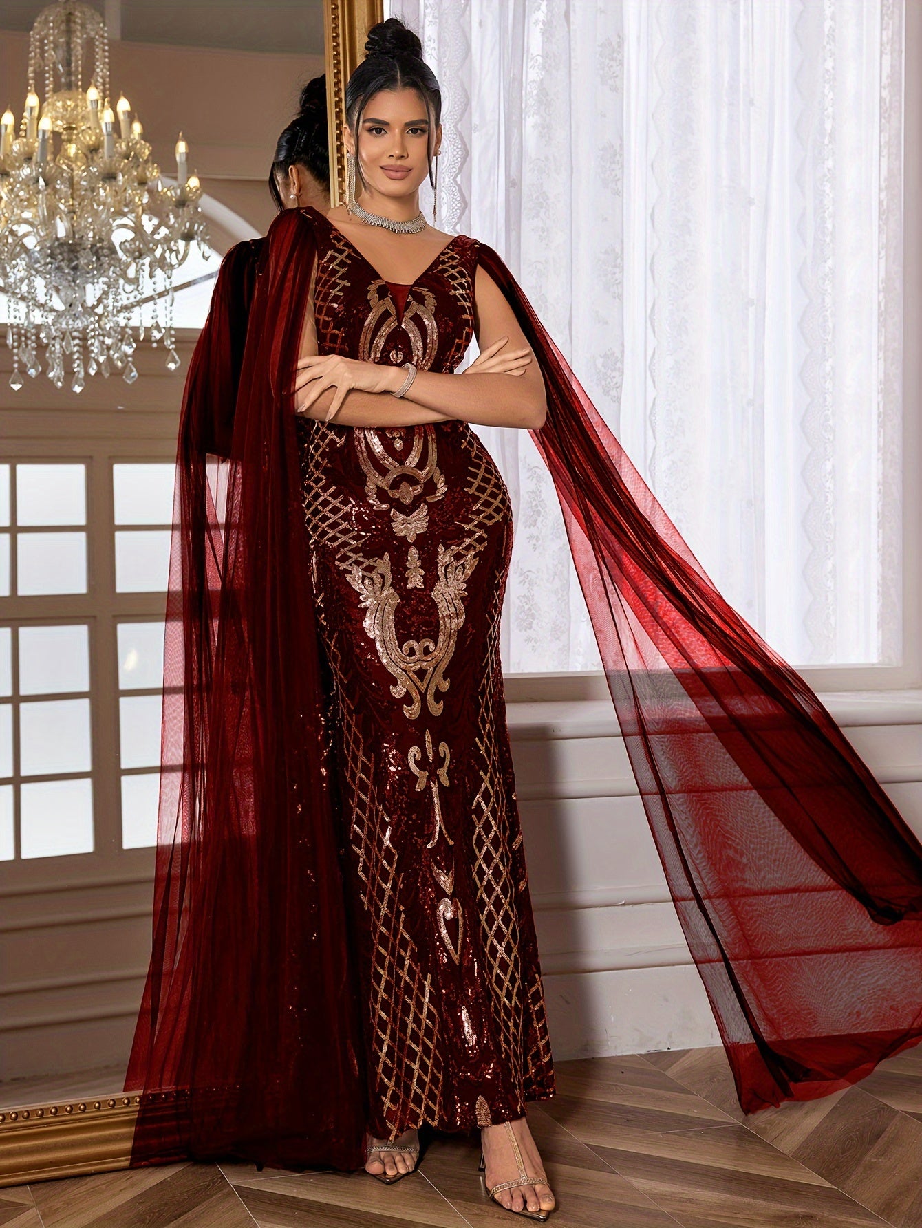 Fitted Dress - Sequin - V-Neck