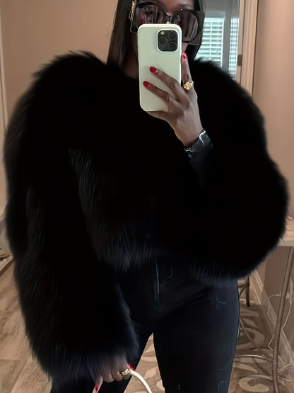 GlOURI Women's Luxury White Outerwear - Cropped Faux Fur Jacket - Fluffy Soft Fuzzy Coat With Long Sleeves | For Evening Parties, Street Style And Seasonal Occasions(Fall Winter Essential)