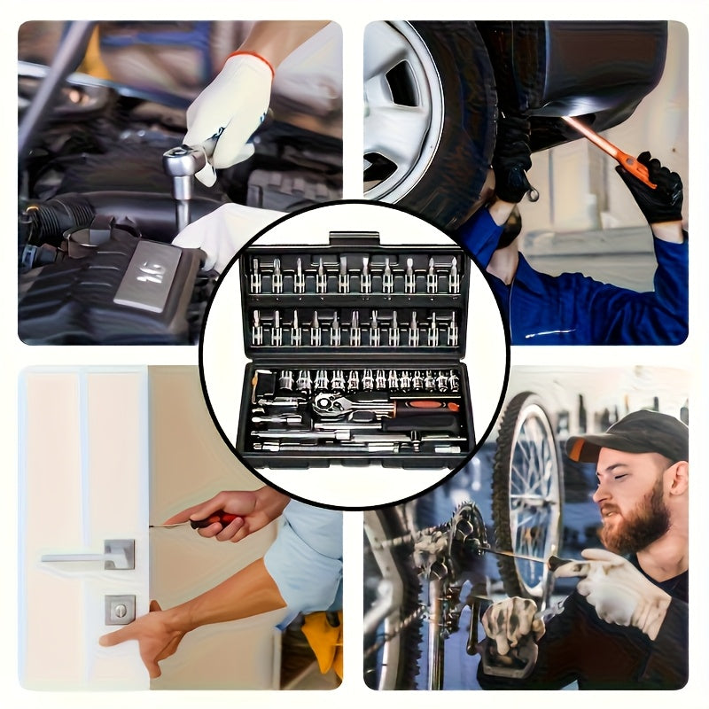 High-end Professional 45+1/215+1pc Tool Set, Auto/bicycle Repair Machinery Kit, 1/2 Inch *1/4 Inch 3/8 Inch Drive Depth And Standard Wrench Set, Race-grade Auto Parts Repair Ratchet Wrench And Other Auto Repair Accessories To