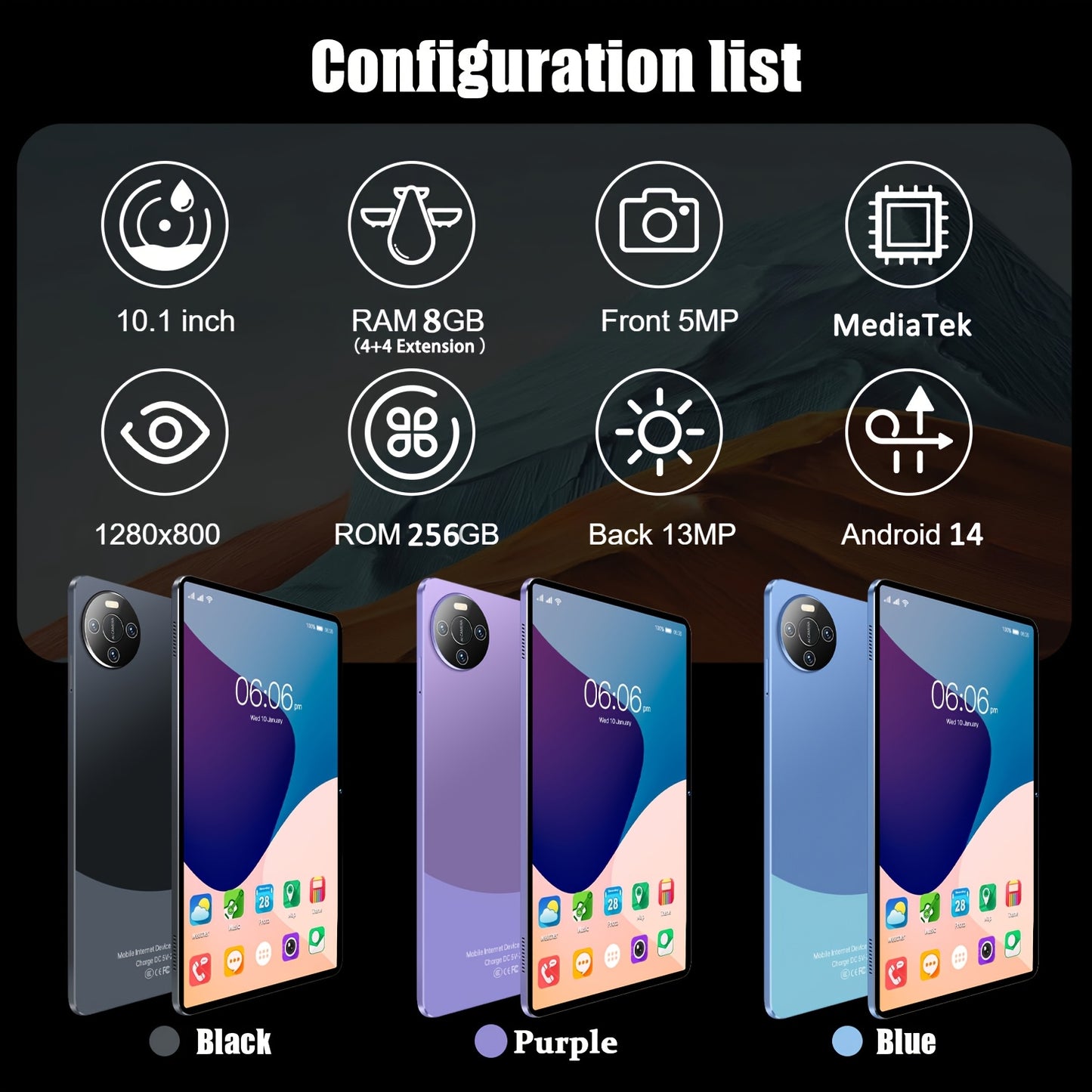Android 14 WiFi Tablet with Shockproof Case & Stylus Pen, 10.1-inch 1280x800 IPS LCD Screen, 8GB (4+4GB Expandable) RAM, 256GB ROM (Supports TF Card up to 1TB), Dual Cameras, Dual WiFi 5, 6000mAh Rechargeable Lithium-ion Batt