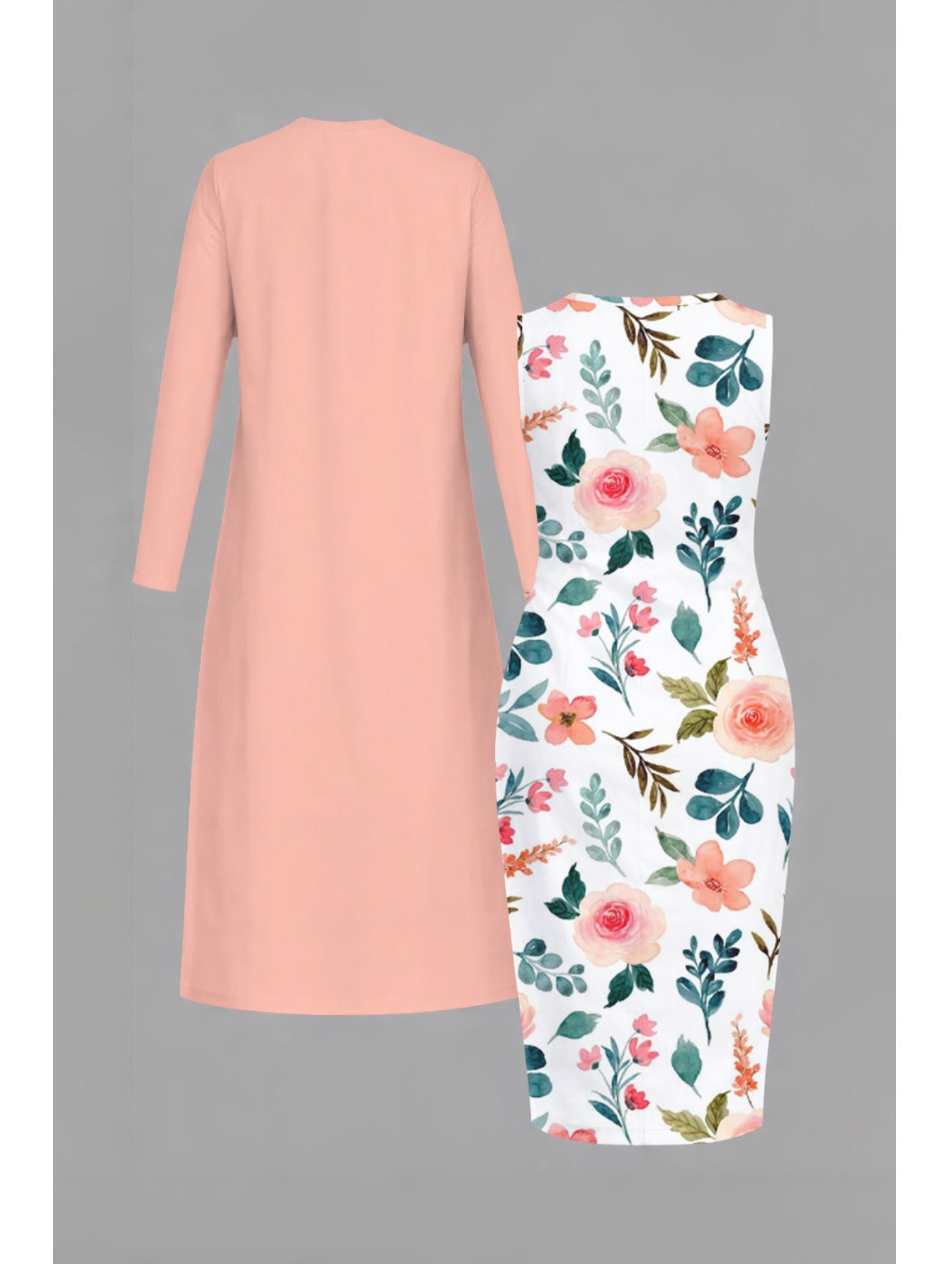 Plus Size, [Hot Item, Plus-Size Dress 2pcs Set] Fashionable, Elegant, and Classy Long Cardigan + Cinched-waist Long Dress Set. A Versatile Casual Outfit Perfect for Holidays, Creating Multiple Styles with One Set. Available i