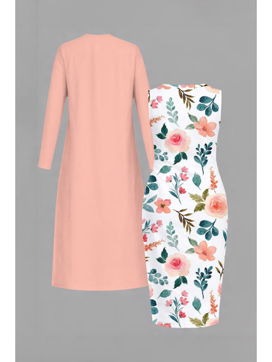 Plus Size, [Hot Item, Plus-Size Dress 2pcs Set] Fashionable, Elegant, and Classy Long Cardigan + Cinched-waist Long Dress Set. A Versatile Casual Outfit Perfect for Holidays, Creating Multiple Styles with One Set. Available i