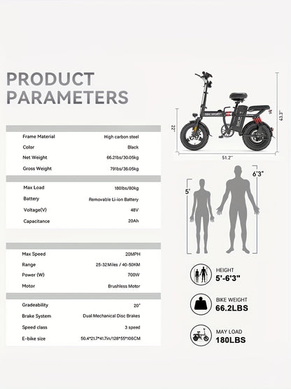 Foldable Electric Bike for Adults, 700W Peak Motor 48V 20Ah Removable Battery Ebike, 35 Miles 32km/h High - Speed, City Commuter, LCD Display, Dual Disc Brakes, for Men & Women (330 Lbs Capacity)