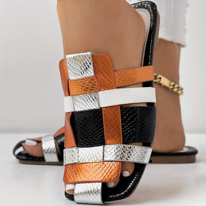 Women'S Slip-On Square Toe Sandals - Slip-Resistant Rubber Sole, Cushioned Insole - All-Season Beach, Casual, Party Shoes - Black/Orange/White Colorway - Synthetic Cover Upper - Everyday & Formal Events Footwear, Beach Wear,