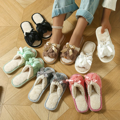 Women's Plush Fleece Slip-On Slippers with Bow Detail - All-Season Indoor House Shoes, Soft EVA Sole for Comfort & Quiet, Cozy Home Slippers in Black/White/Green/Beige/Pink/Grey, Cute Slippers