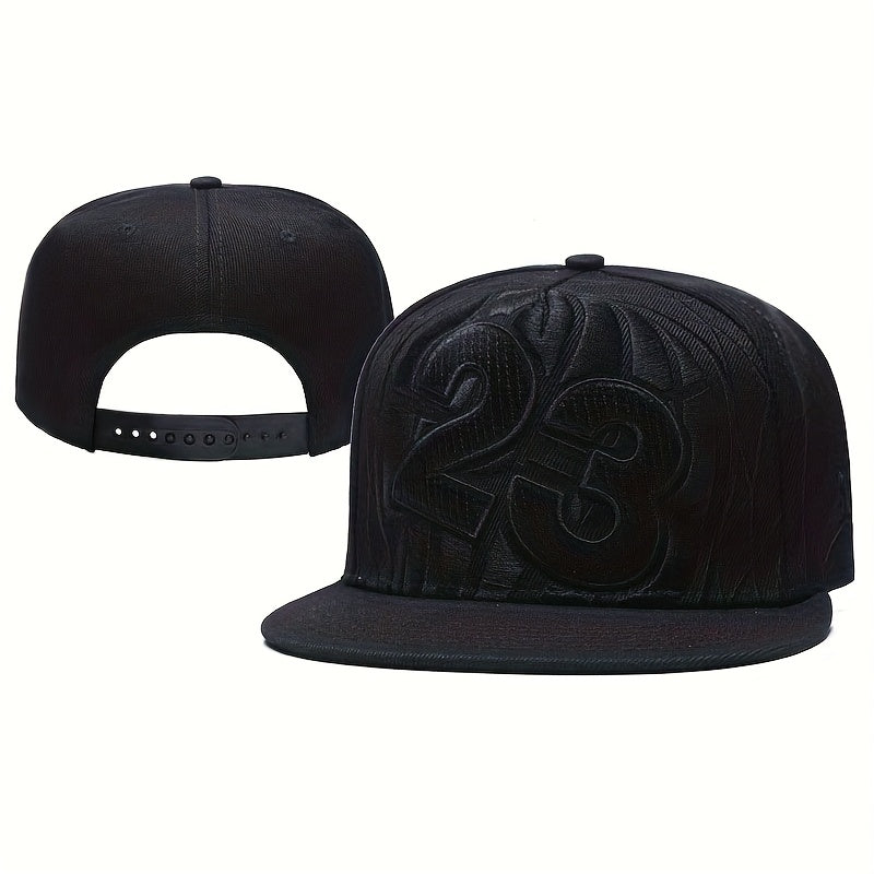 Adjustable Snapback Baseball Cap with Embroidered '23' Design - Breathable Black Hat for Sports, Hip-Hop & Streetwear - Machine Washable, Casual Headwear, Modern Look, Comfortable Fit, Outdoor Headwear, Urban Fashion, Durable