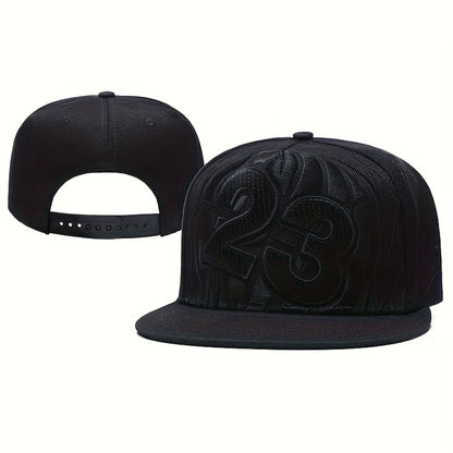 Adjustable Snapback Baseball Cap with Embroidered '23' Design - Breathable Black Hat for Sports, Hip-Hop & Streetwear - Machine Washable, Casual Headwear, Modern Look, Comfortable Fit, Outdoor Headwear, Urban Fashion, Durable