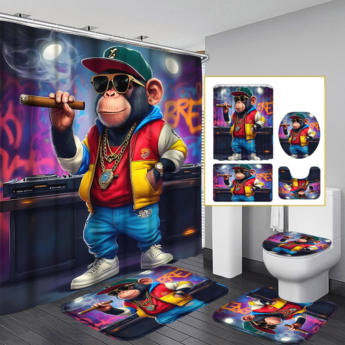 4pcs Cute Monkey Shower Curtain Sets, Modern Animal Pattern Bathroom Curtain Set with 12 Hooks Include Non-Slip Bathroom Rug, Toilet U-Shape Mat, Toilet Lid Cover, Fashion Bathroom Accessories Ideal for Bathroom & Home Decor,
