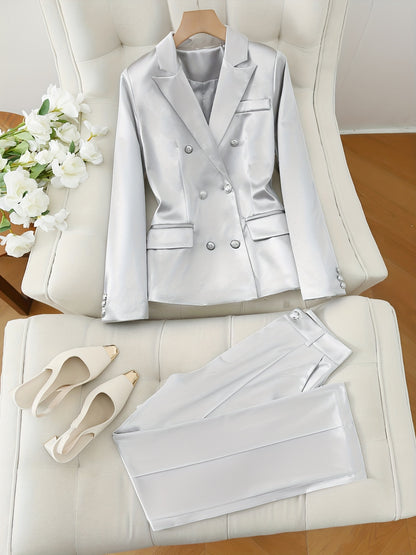 [Silvery Suit Set] Fortune-Attracting Fashionable and Elegant Silvery Double-Breasted Suit Jacket and Silvery Cool Trousers Set