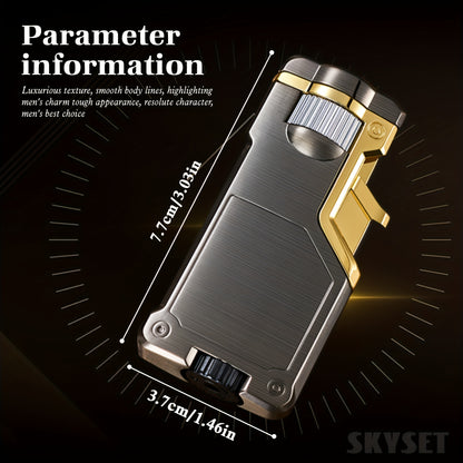 Butane Lighter Available in Three Colors, Featuring a Flame Switch, Windproof Design, And Direct Ignition. This Inflatable Lighter Is Made of Metal And Allows for Flame Size Adjustment