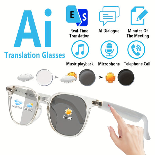 AI Translation Smart Glasses with 160+ Language Real-Time Translator, Enabled, Built-in Mic/Speaker & Music Playback - Photochromic for Men & Women, Driving &