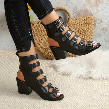 Women's Faux Cover Multi-Buckle High-Heel Sandals - Pointed Toe Moccasin-Style Square Heel with Lacing System & Arch - PU Cover Upper & Rubber Sole - Solid Black Dress Shoes for Women (Wide Widths Available) - Hand Washable -