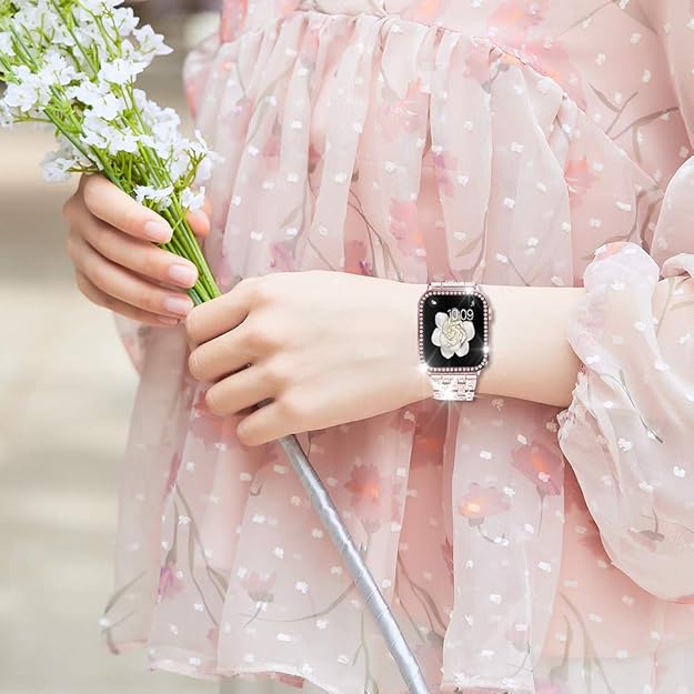 Sparkling Synthetic Zirconia - Embellished Zinc Alloy Apple Watch Strap, Stainless Steel Clasp, Compatible with iWatch 1 - 10, SE, Ultra (38 - 49mm) Excluding the watch and the case, Strap for Smart Watch, Watch Accessories,