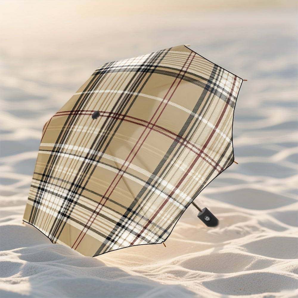 1pc Automatic Open/Close Blocking Umbrella with One-Touch Button, Beige Plaid Checkered Canopy, 10-Rib-like (8-Rib) Frame, Windproof & Portable Compact Travel Umbrella for s, Hiking, Beach, Commuting,  or