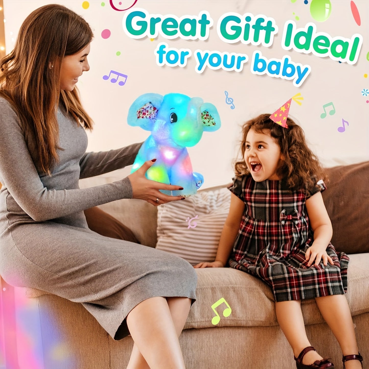 Musical Glowing Blue Elephant Plush Toy, Happy Easter Soft Elephant Plush Toy Floppy LED Stuffed Animals Lullabies Nightlight Companion For Kids, Birthday Gift For Toddlers, Adorable Playing Doll