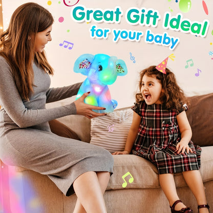 Musical Glowing Blue Elephant Plush Toy, Happy Easter Soft Elephant Plush Toy Floppy LED Stuffed Animals Lullabies Nightlight Companion For Kids, Birthday Gift For Toddlers, Adorable Playing Doll