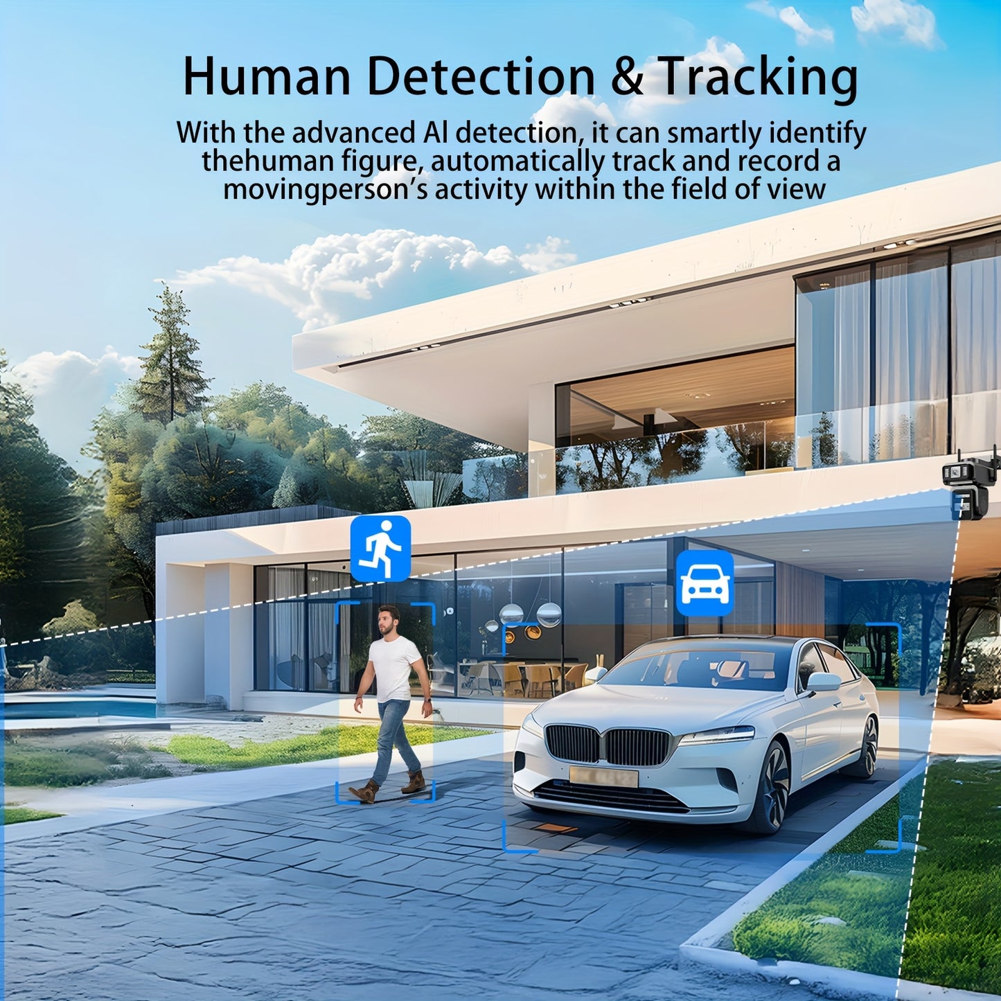 Home Wireless Outdoor Security Camera Icam365 | Solar-Powered, Dual Lens 3MP, Two-Way Audio, Digital Zoom, Motion Detection, IP66 Waterproof, Rechargeable Battery, 2.4G WiFi, Dual-Light Night Vision, PIR Alarm, Black