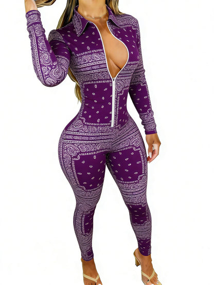 Women's Long Sleeve Slim-Fit Jumpsuit with Trendy Paisley Print - Purple Style Perfect for Daily Outings & Casual Occasions, Available in Sizes 2XS-2XL