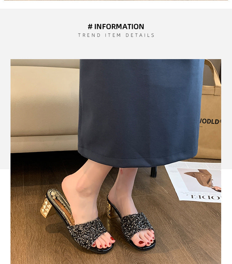 Women'S Chunky Heel Sandals - Slip-On Open-Toe High Heels with Ankle Strap, Golden Glamorous Party Shoes for Formal Events, Weddings, Nightouts - Cushioned Insole & Non-Slip PVC Sole - Available in Wide Widths (Women'S Summer