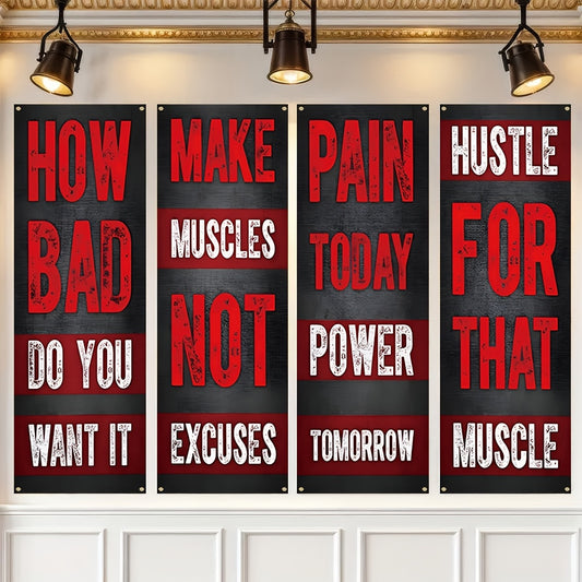 4pcs Inspirational Gym Motivation Posters - "How Bad Do You Want It?", "Make Muscles Not Excuses", "Pain Today, Power Tomorrow", "Hustle for That Muscle" - Durable Polyester, Modern Style, Perfect for Home Gym, School, or Chu