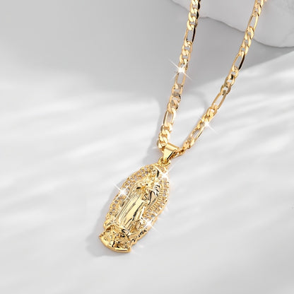 14K Golden Plated Virgin of Guadalupe Pendant Necklace with Sparkling Zirconia - Elegant Boho Style, Prayer & Blessing Charm, Perfect Mother'S Day Gift, Festive Jewelry | Elegant Boho Necklace | Zirconia Encrusted Pendant, Vi