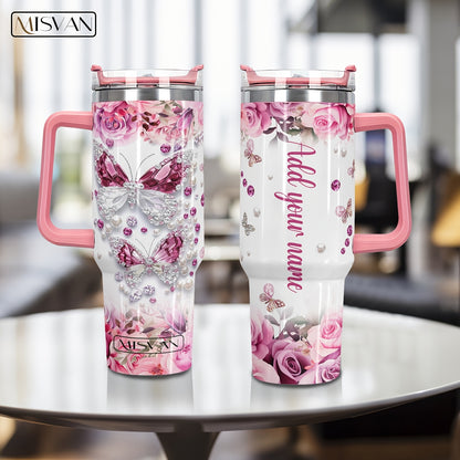 1pc Customized Name Stainless Steel Tumbler | 20oz/22oz/40oz Insulated Water with Lid, Reusable, Round Shape, 304 Stainless Steel, Ideal for Easter, Thanksgiving, Father'S Day, Mother'S Day, Graduation, White Diamond Butterfl