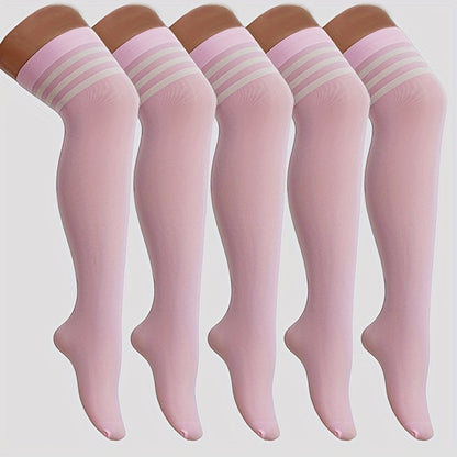Five Pairs of Thin Velvet Over-the-knee Socks in Rose Red, Pink, Bright Yellow, Solid Colors, and Stripes. Smooth Nylon, Comfortable and Cute. Suitable for Students, Dance, Skating, and Other Activities, for Teenager