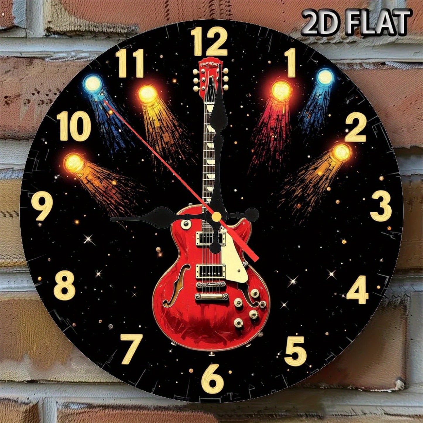 bell Z, 1pc Guitar Theme Wooden Wall Clock- Silent Non-Ticking Japanese Quartz Movement, AA Battery Powered(Not Included), Bright Red Electric Guitar and Fireworks Star Pattern, Round Shape Suitable for Living Room, Bedroom,