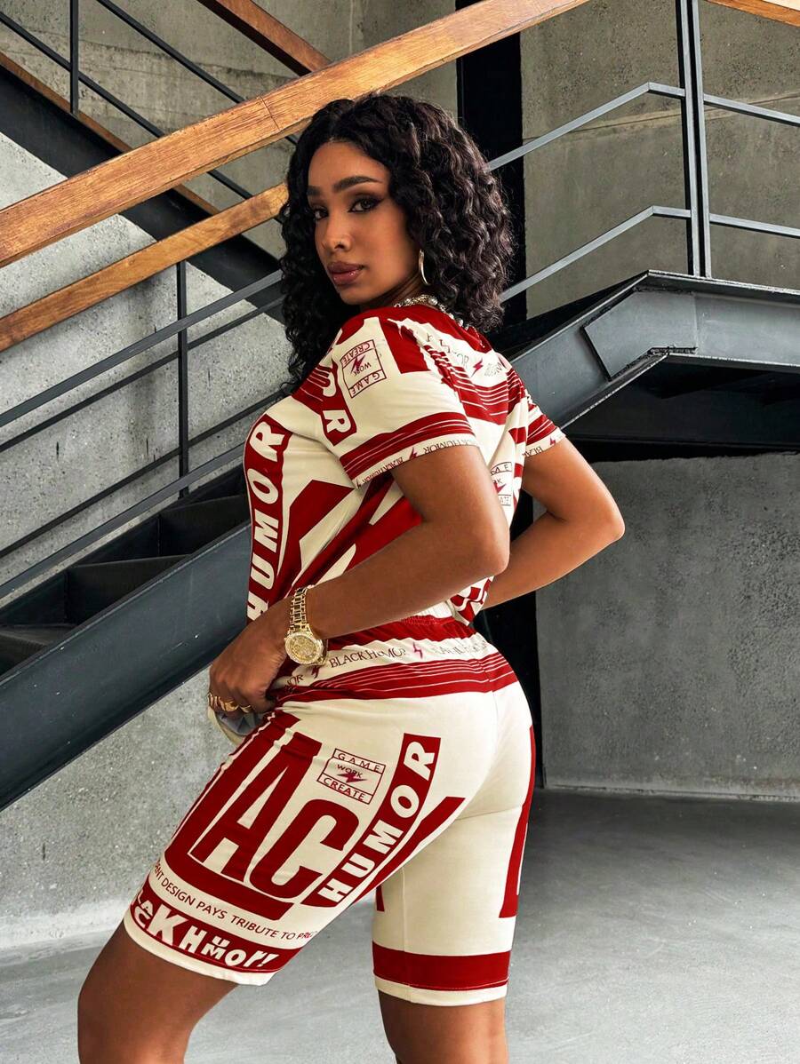 INAWLY 2pcs/Set Women Summer Letter Print Round Neck Short Sleeve T-Shirt And Shorts Casual Outfit