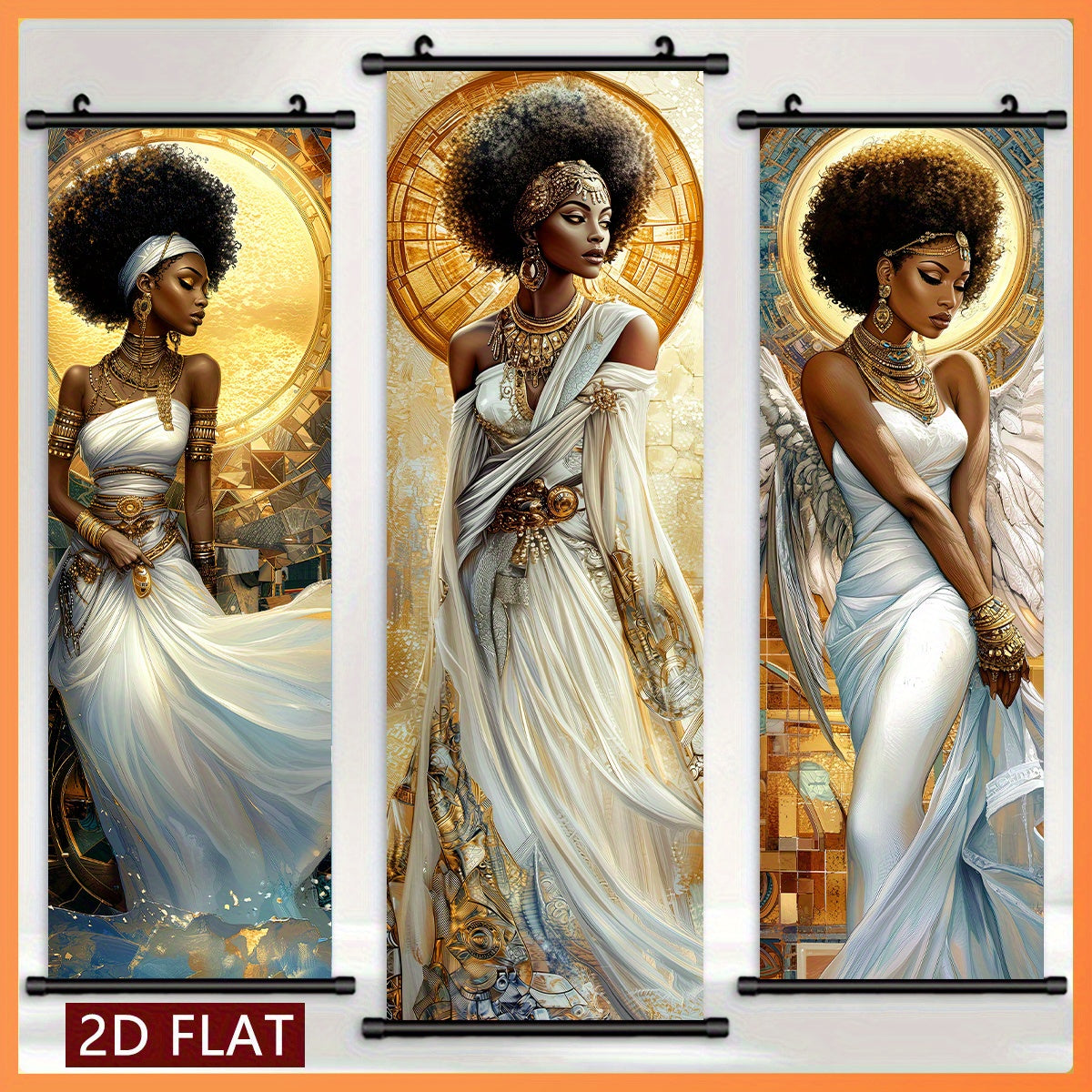 2D Flat, 2D/FLAT-3pcs Egyptian Goddess Plastic Scroll/ Scroll Painting, Sacred and Elegant Style Decorative Painting, White Dress Golden Ornament Halo Wings Element, Geometric Golden Pattern Background, Suitable for Living Ro