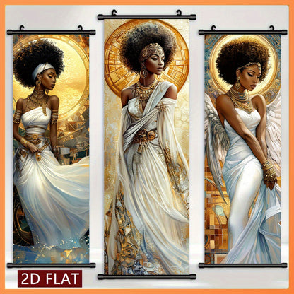 2D Flat, 2D/FLAT-3pcs Egyptian Goddess Plastic Scroll/ Scroll Painting, Sacred and Elegant Style Decorative Painting, White Dress Golden Ornament Halo Wings Element, Geometric Golden Pattern Background, Suitable for Living Ro