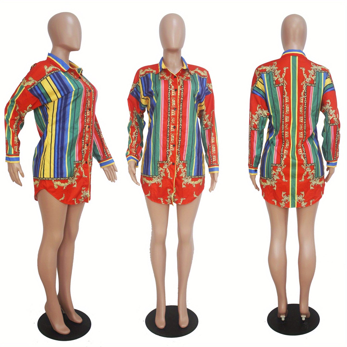 Ladies' Casual Shirt Dress with Colorful Striped Long Sleeved Shirt Dress