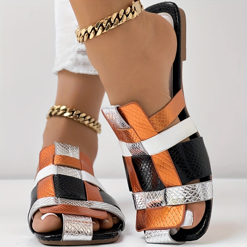 Women'S Slip-On Square Toe Sandals - Slip-Resistant Rubber Sole, Cushioned Insole - All-Season Beach, Casual, Party Shoes - Black/Orange/White Colorway - Synthetic Cover Upper - Everyday & Formal Events Footwear, Beach Wear,