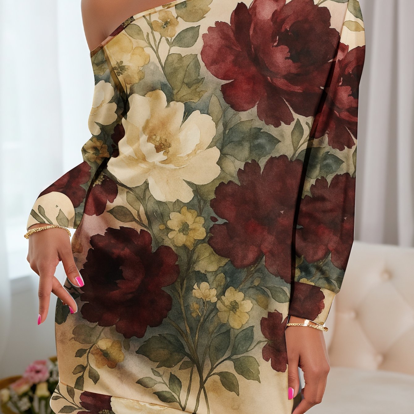 Plus Size, Women's Elegant One-Shoulder/Boat Neck Floral print dress - Cream with Red & Yellow Roses, Short to medium length Fitted Party Wedding Guest Dress, Prom Attire, Machine Washable Spring Outfit