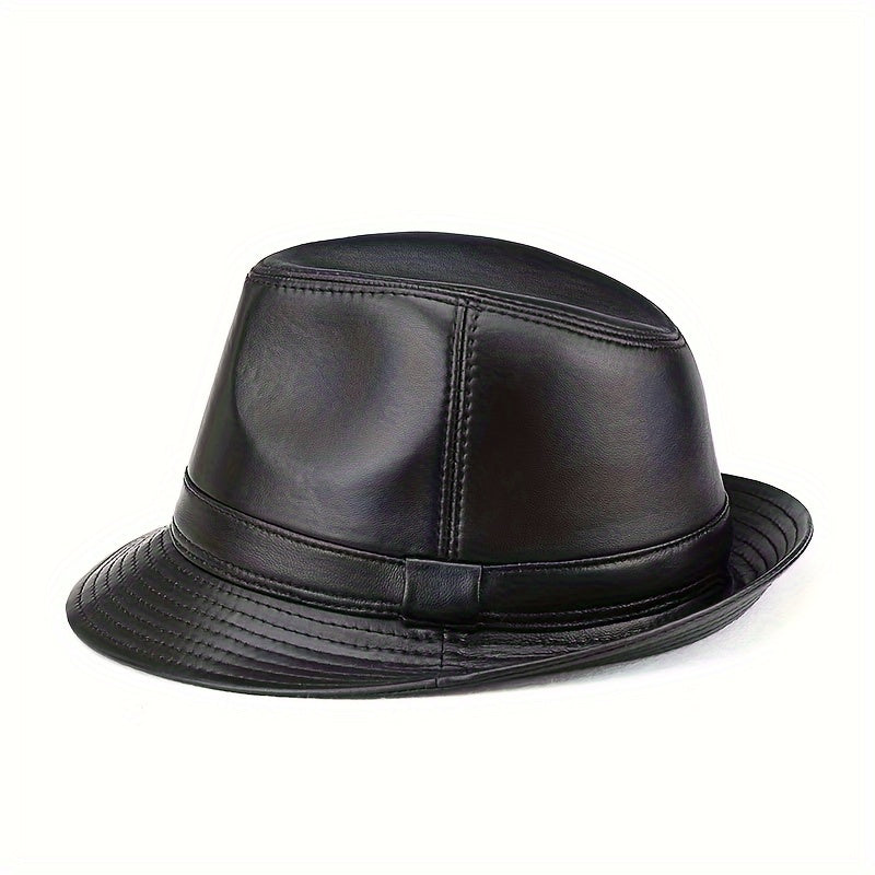 Men's Genuine Sheepskin Fedora Hat- Black, British Jazz Style, Ideal for Spring and Autumn, Non-Washable