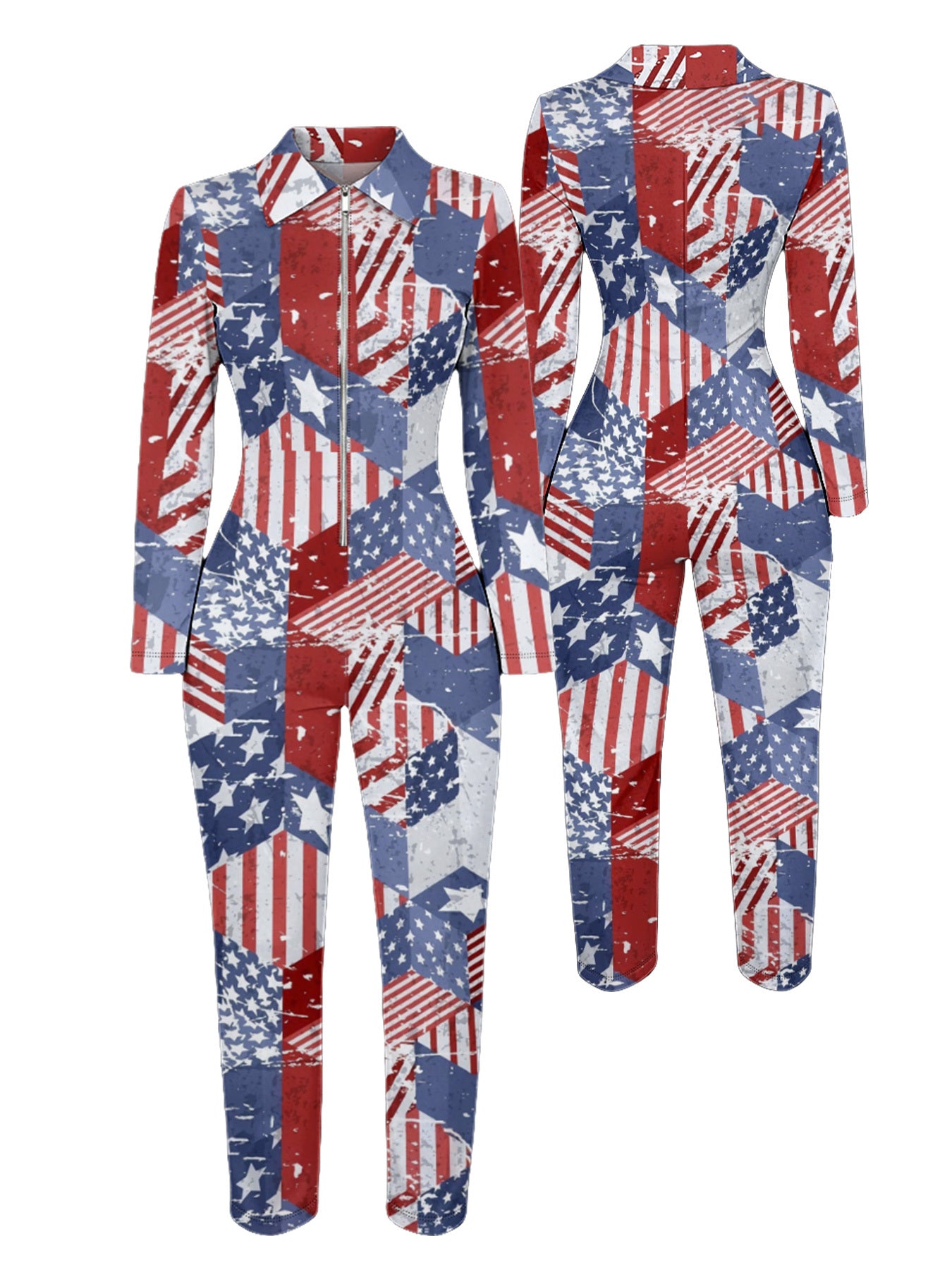 Ladies' Four-season Long-sleeved Sexy Jumpsuit, Front Zipper Design, Light Style, Fashionable Full-print, Perfect for Daily Outings and Casual Wear, Fashionable and Sexy Outfit