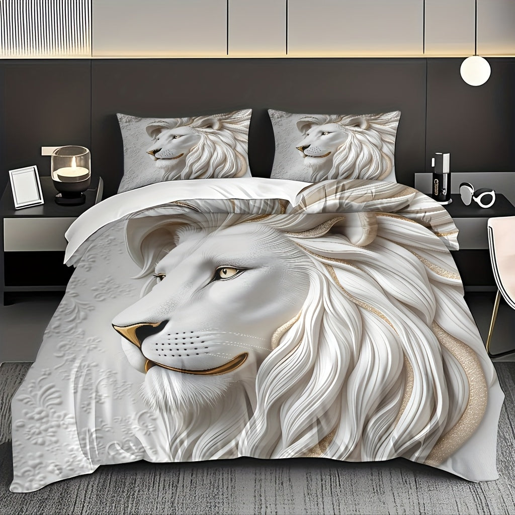 White Lion Duvet Cover Set - Soft High-Definition Digital Print, Breathable Polyester, Machine Washable, Perfect Gift for All-Season Use, Includes 1 Duvet Cover & 2 Pillowcases, Ideal for Family And Friends