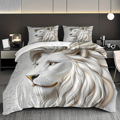 White Lion Duvet Cover Set - Soft High-Definition Digital Print, Breathable Polyester, Machine Washable, Perfect Gift for All-Season Use, Includes 1 Duvet Cover & 2 Pillowcases, Ideal for Family And Friends