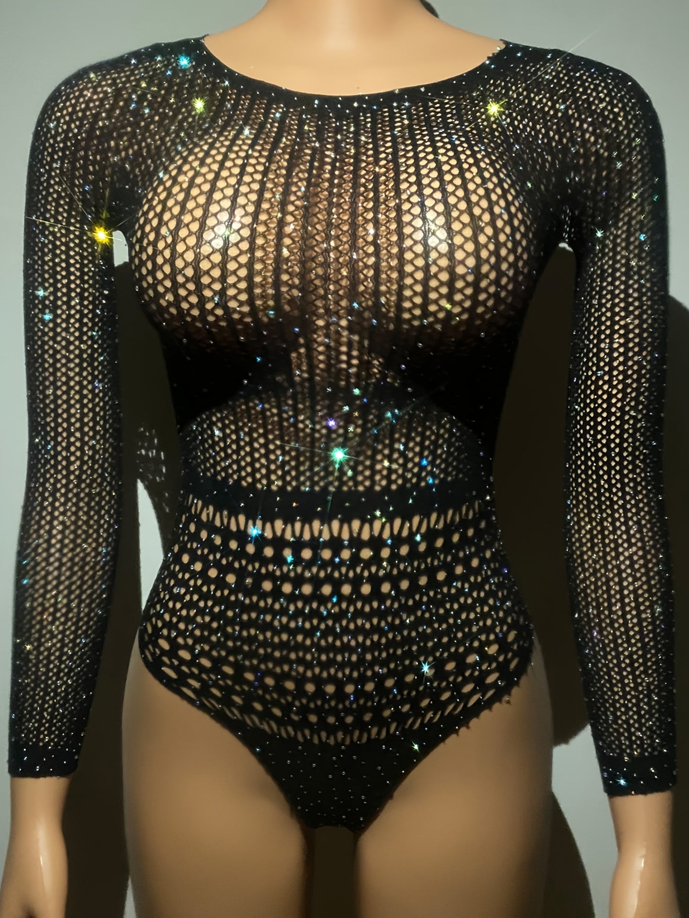 Sexy Long-Sleeve Rhinestone-Embellished Jumpsuit with Skeleton Details - Sparkling Black Swimsuit for Parties & Beach Events, Elegant Adult Swimwear for Women, Party Swimwear, Beach Event Attire, Skeleton Swimwear, Rhinestone