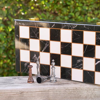 15 Inch Retro Metal Chess Set for Adults Marbling Chess Board with Chess Pieces Travel Chess Set with Metal Pieces Folding Chessboard Ideal for Beginners And Professional Players Halloween, Christmas Gift