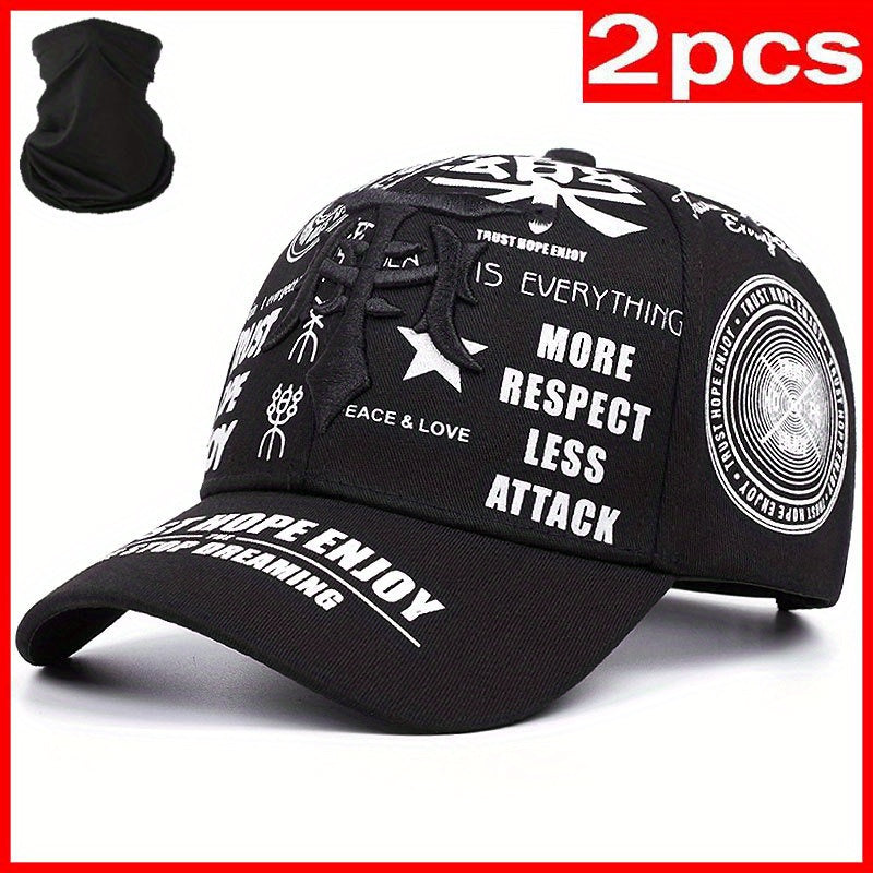 2pcs Baseball Cap & Mask Set - "Trust Hope Enjoy" Inspirational Print, Black with White Text, Adjustable Snapback, Breathable Mesh Back, Perfect for Sports & Casual Wear, Casual Headwear | Trendy Baseball Cap | Comfortable Fi