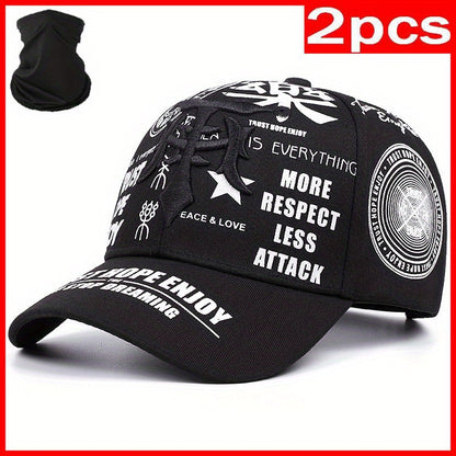 2pcs Baseball Cap & Mask Set - "Trust Hope Enjoy" Inspirational Print, Black with White Text, Adjustable Snapback, Breathable Mesh Back, Perfect for Sports & Casual Wear, Casual Headwear | Trendy Baseball Cap | Comfortable Fi