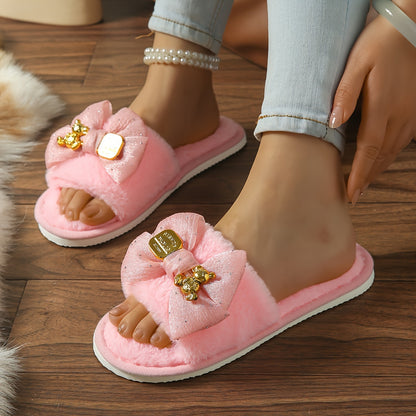 New Style Bear Bow Slippers for Women, Suitable for Spring, Summer, Autumn, And Winter, Featuring Open-Toe Design And Available in Larger Sizes for Indoor Use.