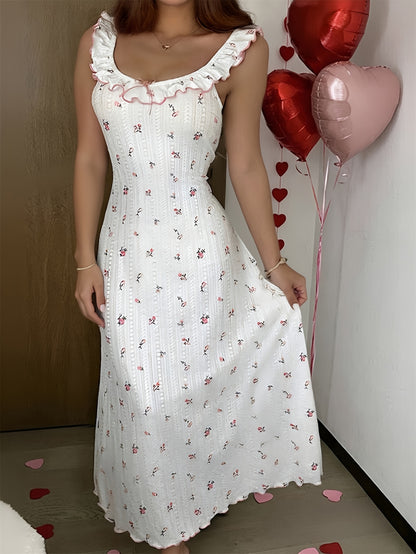 Bowknot Decor Ditsy Floral Print Ruffle U-Neck Sleeveless Nightgown | Casual Backless Frill Trim Jacquard Textured Women'S Home Night Dress, Perfect for Adult, Brand: CHICME