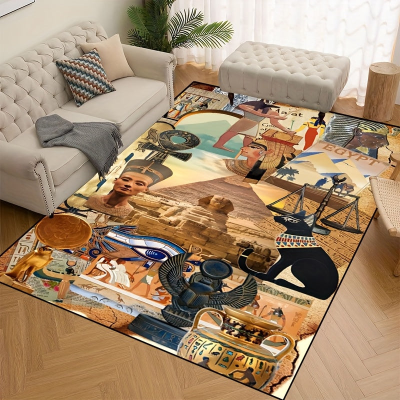 1pc Non-Slip High Quality Machine Washable Mat - Egyptian-Themed Polyester Mat with Hieroglyphics & Pharaohs Design, Large Area Mat for Indoor/Outdoor Use in Entryway, Living Room, Bedroom, Patio, Garden - Home Decor, Washabl