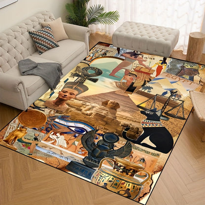 1pc Non-Slip High Quality Machine Washable Mat - Egyptian-Themed Polyester Mat with Hieroglyphics & Pharaohs Design, Large Area Mat for Indoor/Outdoor Use in Entryway, Living Room, Bedroom, Patio, Garden - Home Decor, Washabl