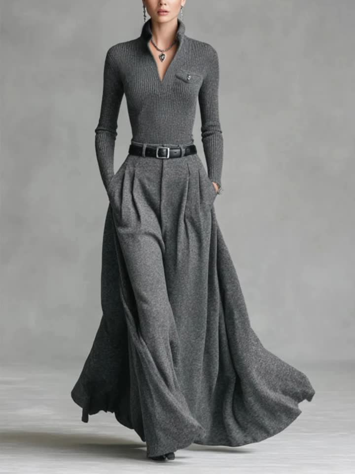 Women's - 2pcs Set: Gray Ribbed Top + Flowing Wide-Leg Skirt | Effortlessly chic pieces for city strolls, casual gatherings, and fall/winter outfits.