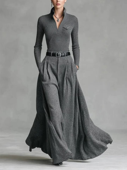 Women's - 2pcs Set: Gray Ribbed Top + Flowing Wide-Leg Skirt | Effortlessly chic pieces for city strolls, casual gatherings, and fall/winter outfits.